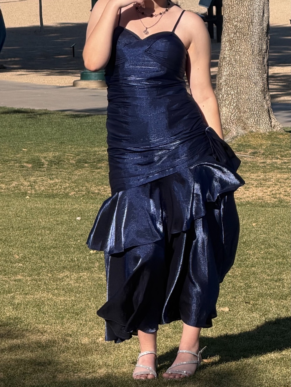 Navy Shimmer Ruffle Hem Evening Dress - Sleeveless Formal Gown